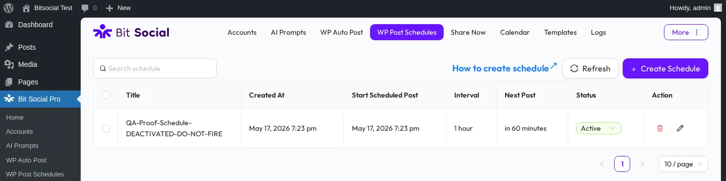 Bit Social Pro WP Post Schedules list showing a freshly created schedule with status Active and next post in 60 minutes