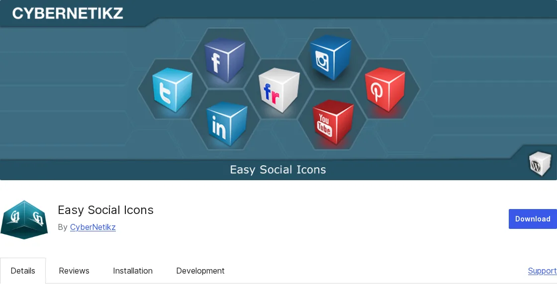 صفحة Easy Social Icons من CyberNetikz على WordPress.org برأس بانر الهوية وزر التنزيل