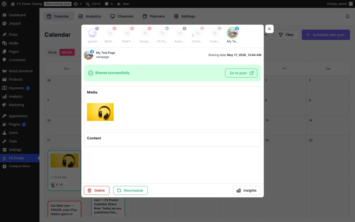 FS Poster Calendar share-detail modal with the channel-avatar row across the top, the selected channel showing Shared successfully and a Go to post link, a Media preview of the featured image, a Content section, and Delete, Reschedule, and Insights actions at the bottom