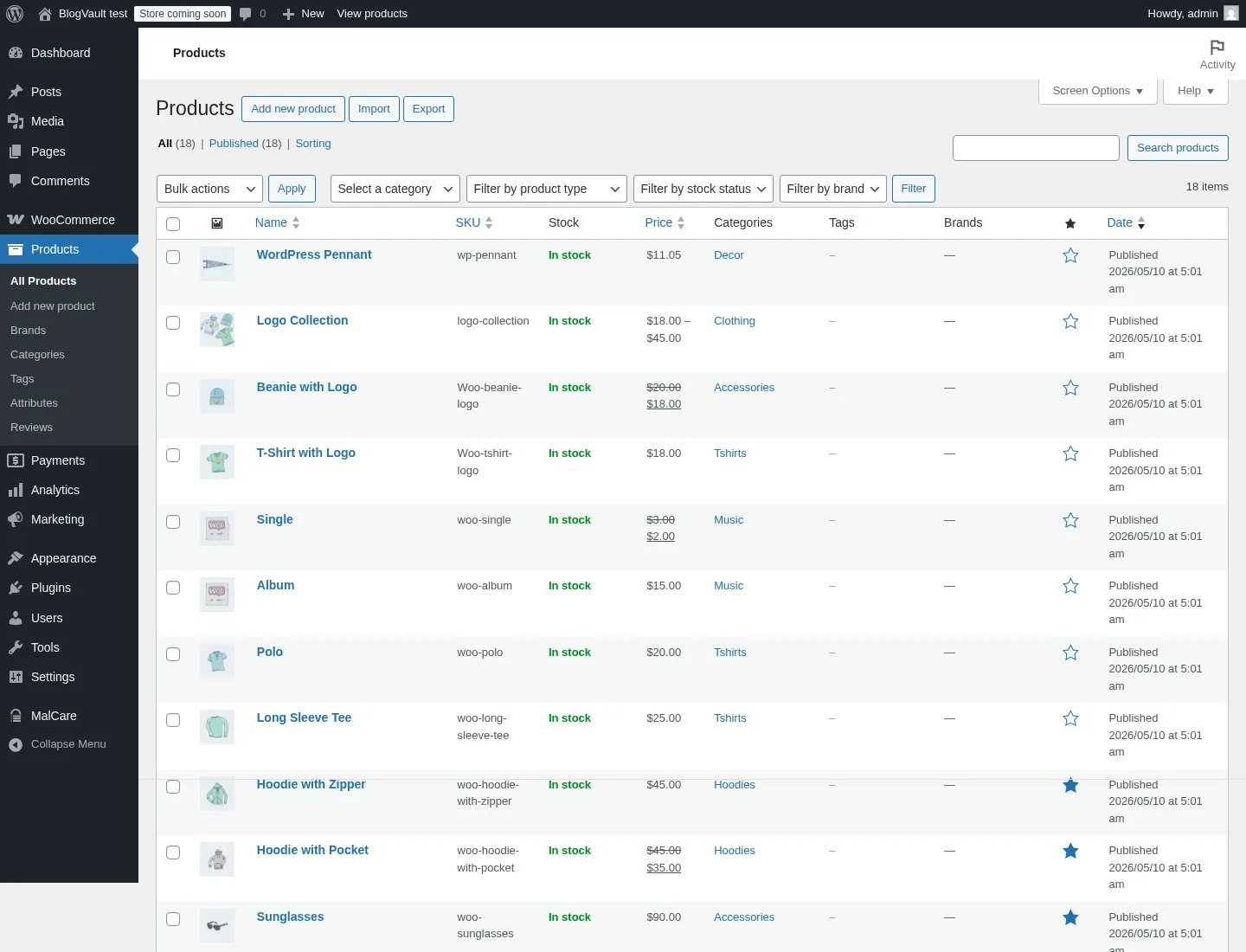 Lista de productos de WordPress: 18 productos de muestra de WooCommerce importados