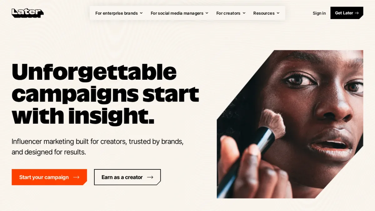 Later-Startseite zeigt eine Influencer-Marketing-Plattform mit Social-Media-Scheduling-Funktionen
