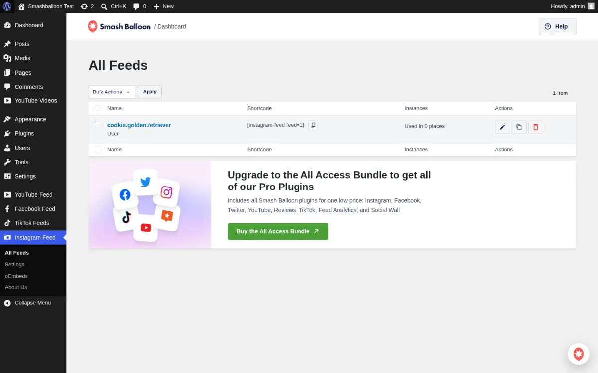 Panel All Feeds de Instagram Feed Pro Elite mostrando el feed User Timeline guardado de cookie.golden.retriever con su shortcode único [instagram-feed feed=1] listo para copiar