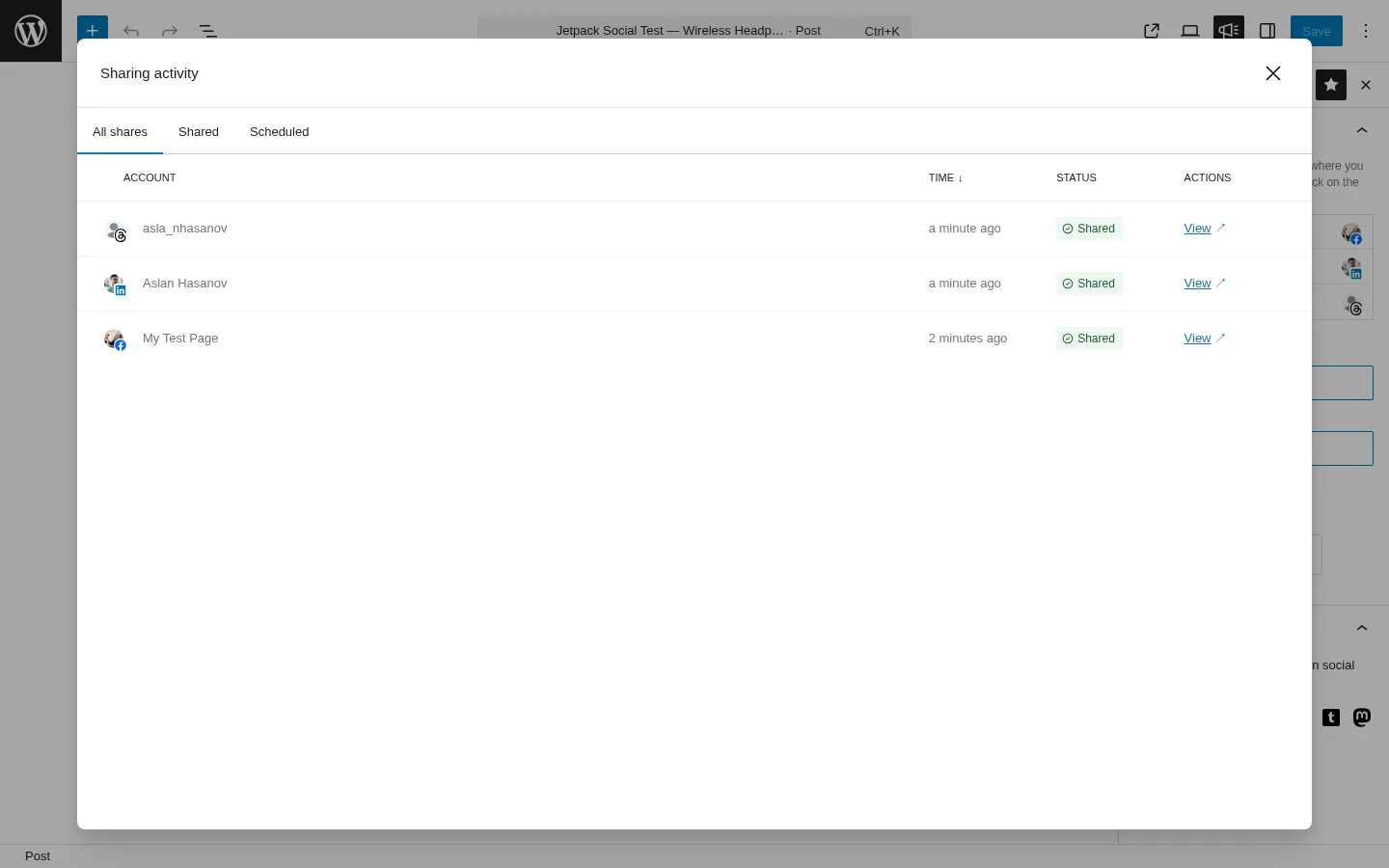 Jetpack Social Sharing Activity dialog showing three successful auto-shares to Threads, LinkedIn, and Facebook