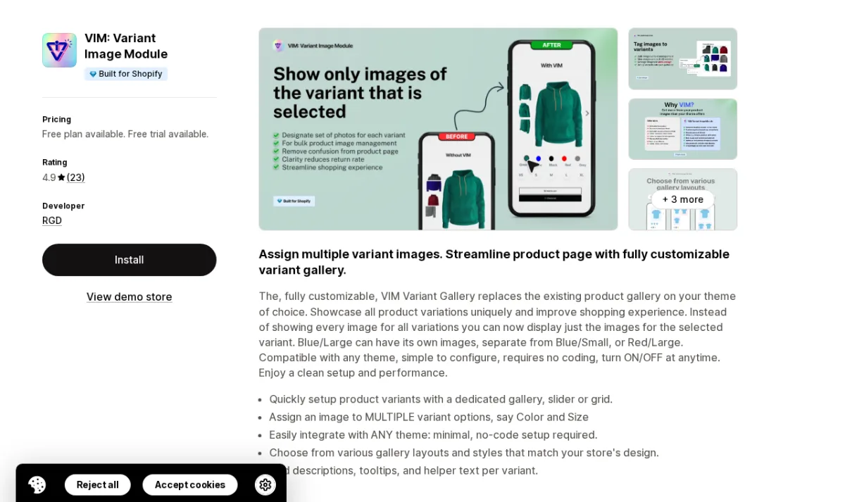 VIM Variant Image Module Shopify App Store listing