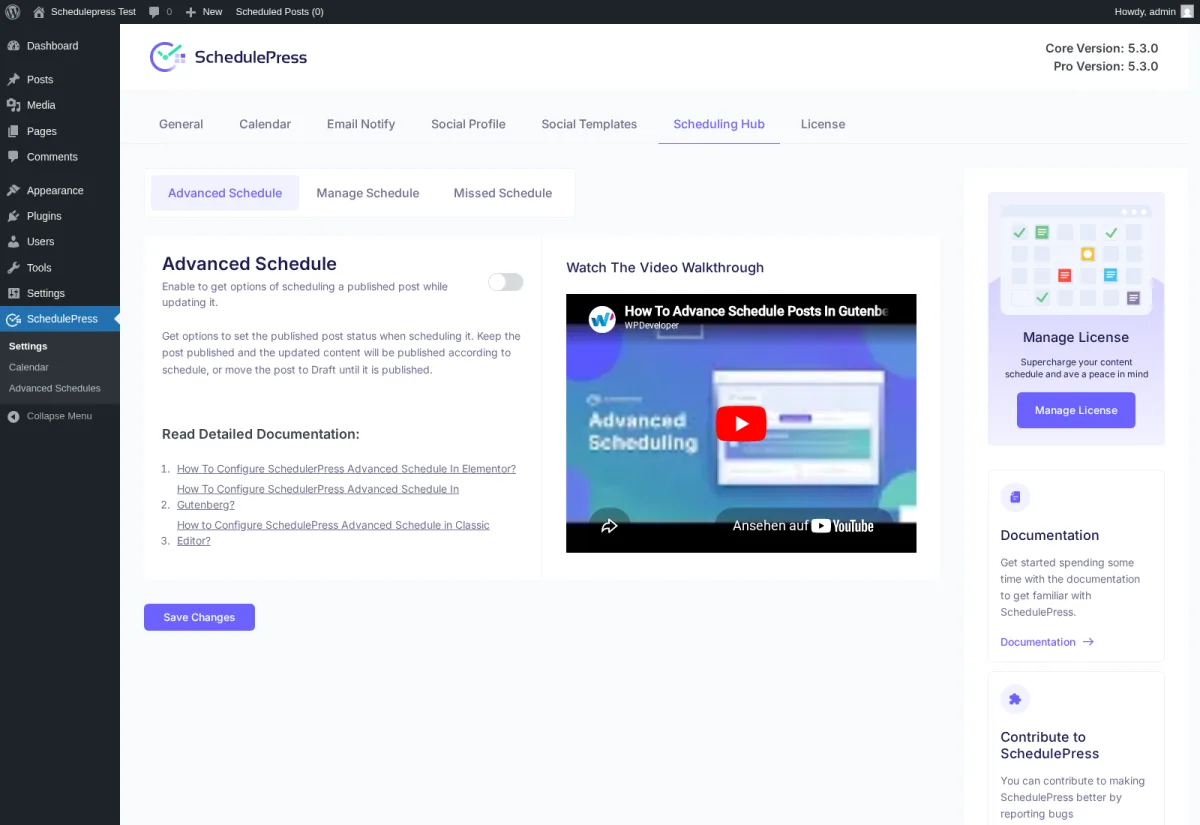 Subpestaña Advanced Schedule de SchedulePress para programar una actualización de una entrada ya publicada