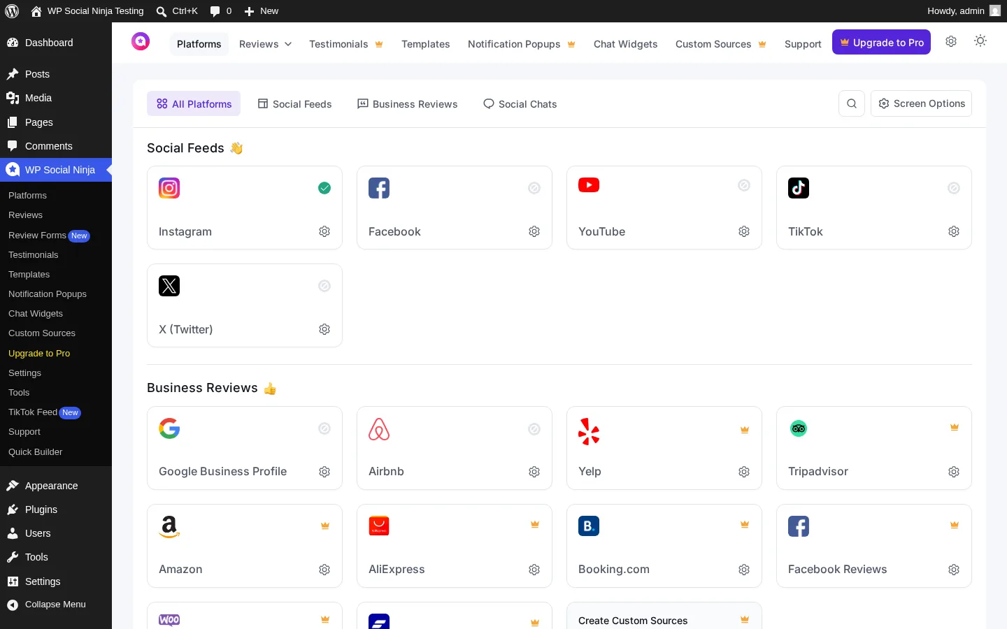 WP Social Ninja Platforms overview with three sections — Social Feeds (Instagram, Facebook, YouTube, TikTok, X), Business Reviews (Google, Airbnb, Yelp, Tripadvisor, Amazon, AliExpress, Booking, Facebook, WooCommerce, FluentCart), and Custom Sources / Chat Widget cards