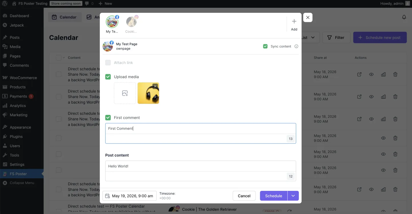 FS Poster Calendar Share Now modal showing the per-channel tab strip, caption editor with character counter, attached featured image, date / time / timezone picker, and the Schedule split button with Share now in the dropdown