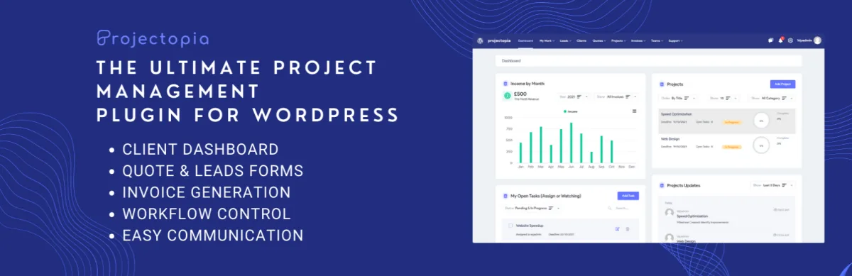 Banner del plugin de gestión de proyectos para WordPress Projectopia