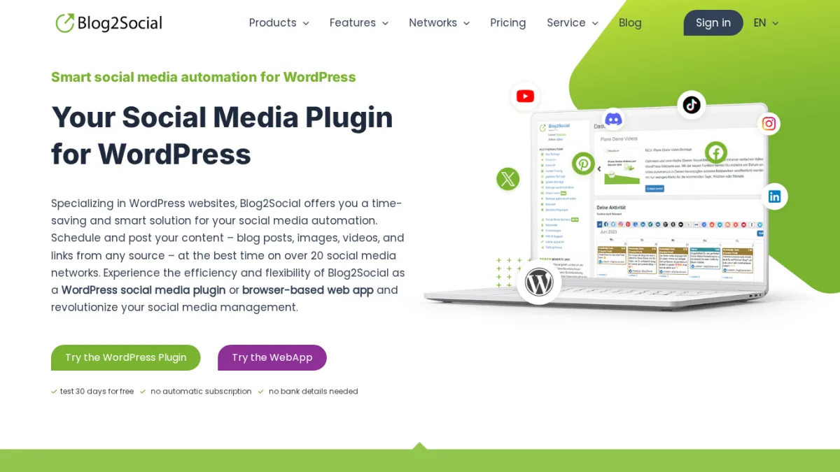 صفحة Blog2Social مع واجهة تقويم الشبكات الاجتماعية في WordPress