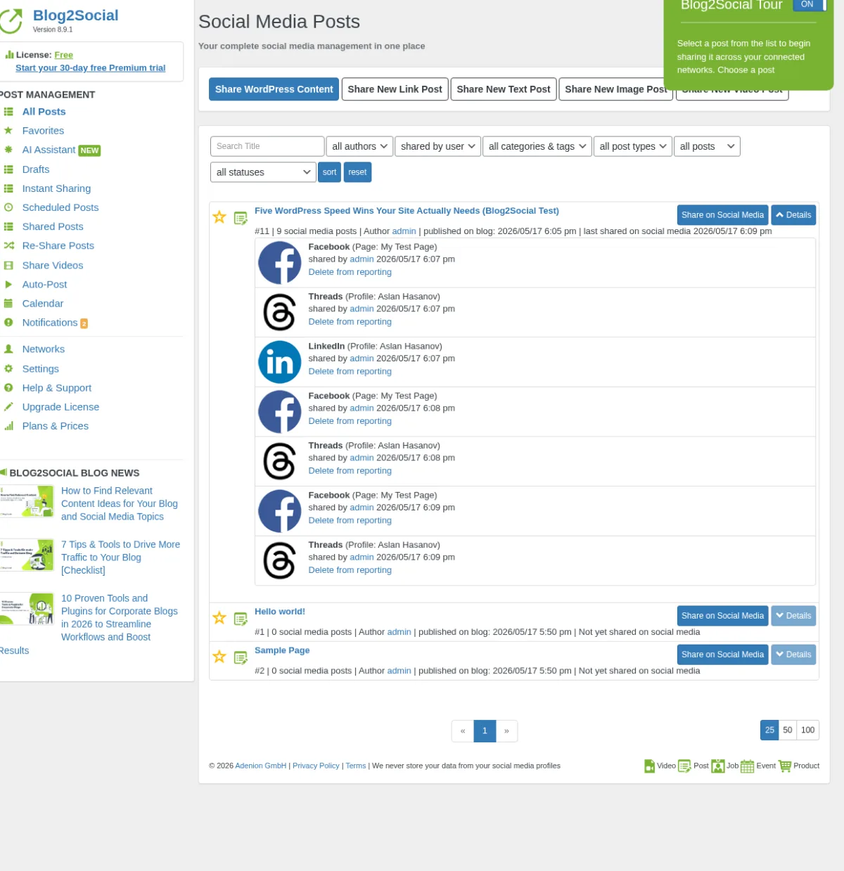 Registro de compartidos de Blog2Social mostrando publicaciones correctas en Facebook, LinkedIn y Threads para un post de WordPress publicado