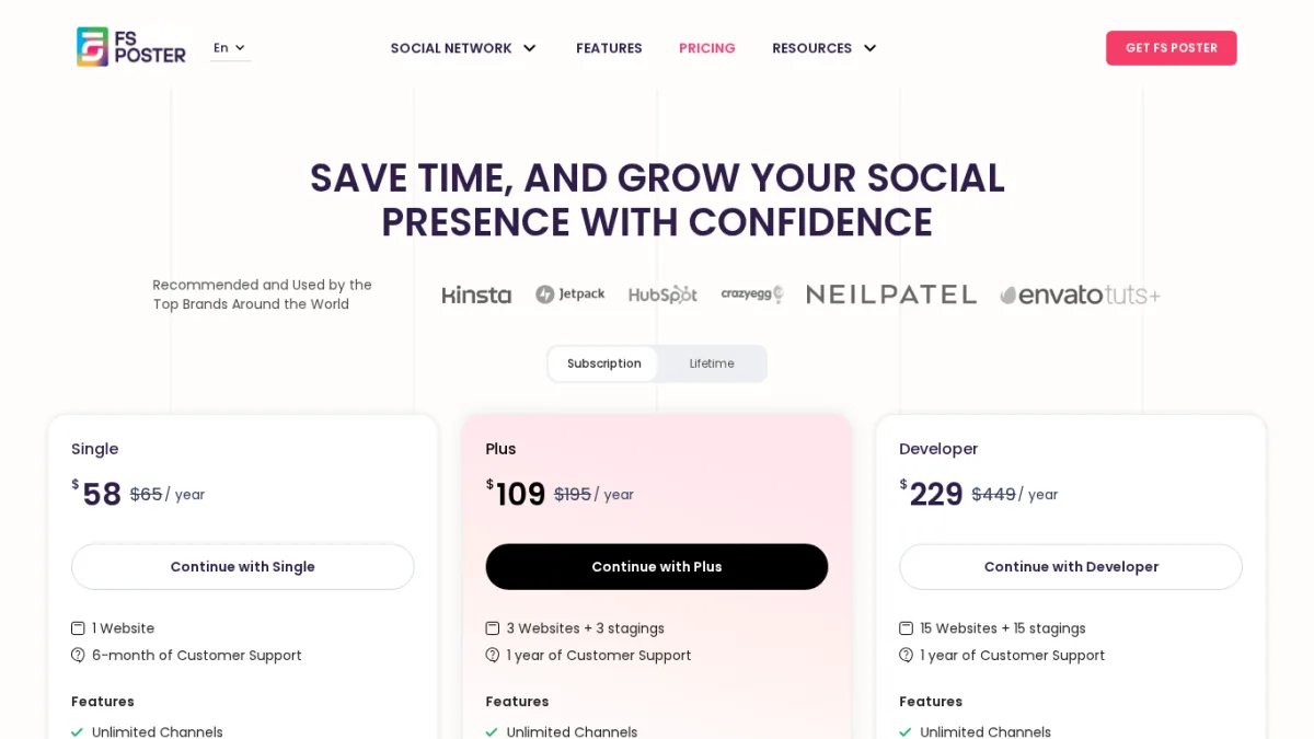 صفحة أسعار FS Poster التي تعرض خطط Single وPlus وDeveloper