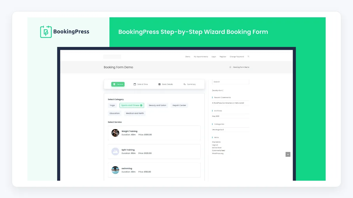 نموذج حجز BookingPress لمواعيد WordPress