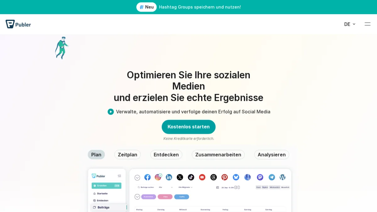 Publer-Startseite zeigt einen Social-Media-Management-Hub mit Multi-Plattform-Scheduling und Analytics