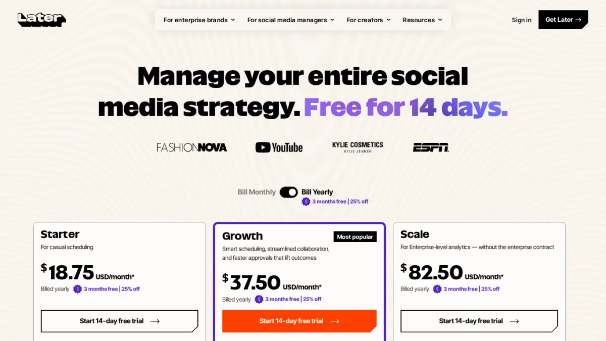 صفحة أسعار Later التي تعرض خطط Starter وGrowth وScale