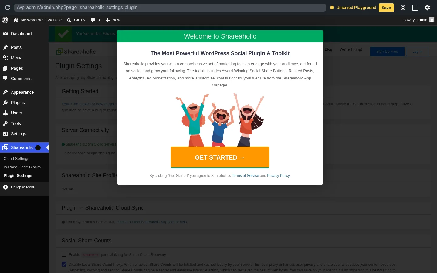 Shareaholic welcome modal overlaid on Plugin Settings