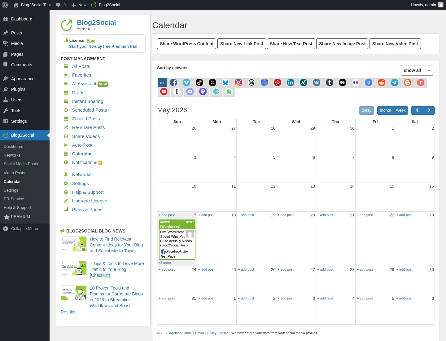 Blog2Social drag-and-drop social media calendar inside WordPress showing a published post's share batch stacked on a day cell