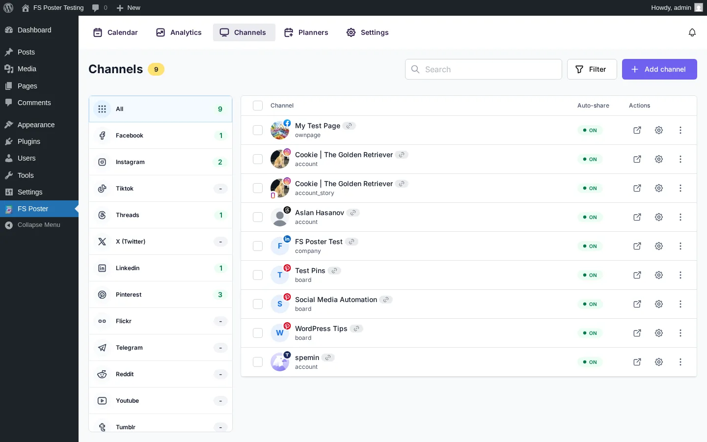 FS Poster Channels dashboard showing all 9 connected channels with auto-share enabled across Facebook, Instagram, Threads, LinkedIn, Pinterest, and Truth Social