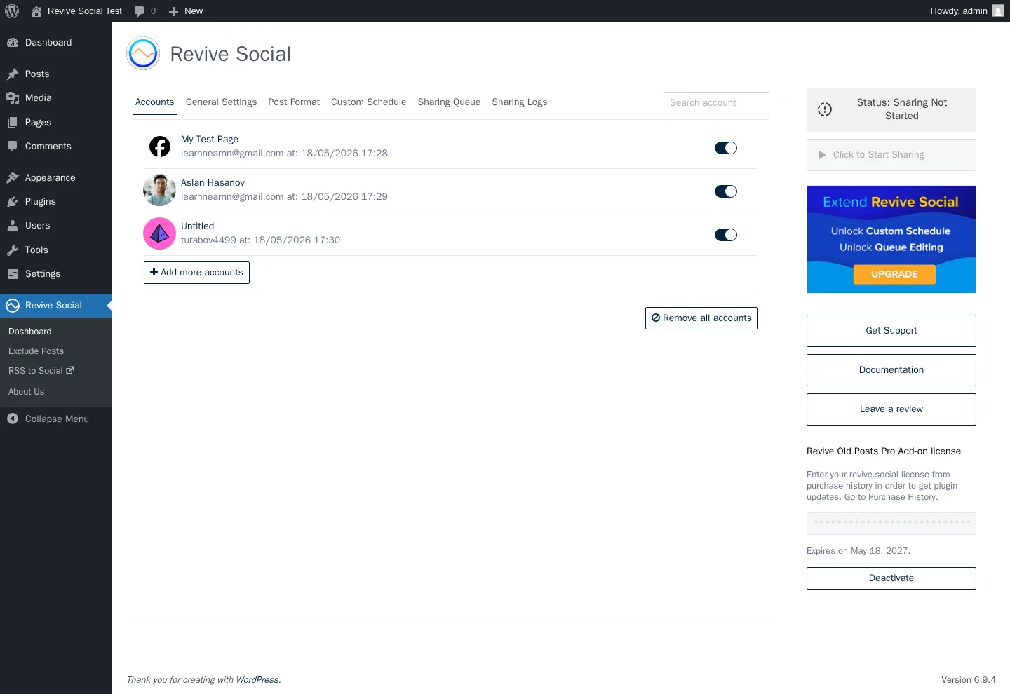 Revive Social main dashboard with six tabs, three connected social accounts, and a status widget showing the current sharing schedule