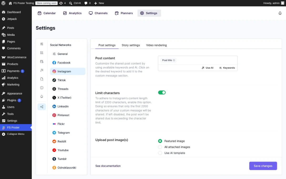 FS Poster Settings, Social networks, Instagram, Post settings tab with the Post content editor (Post title chip, Use AI and Keywords helpers), the Limit characters toggle set to 2200, and Upload post image options for Featured image, All attached images, or Use AI template