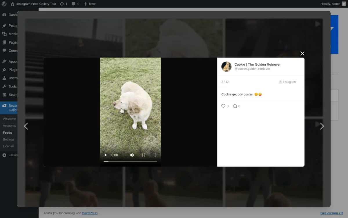 Lightbox de Instagram Feed Gallery mostrando una publicación real de Instagram con avatar, usuario, contador de posición 2/12, descripción con emoji, conteos de likes y comentarios, botón Instagram y flechas de navegación