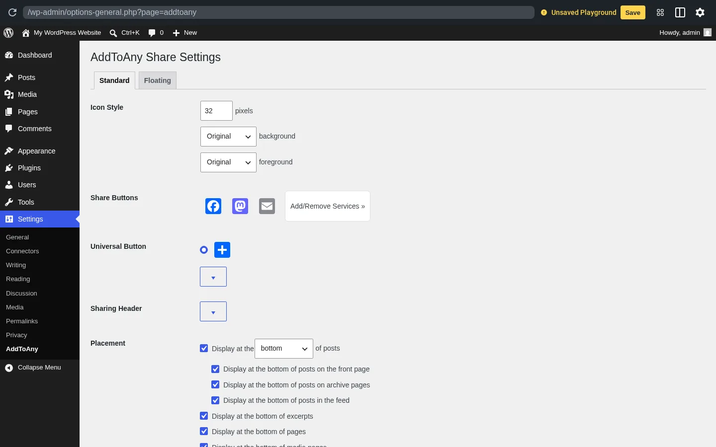 AddToAny Standard settings tab