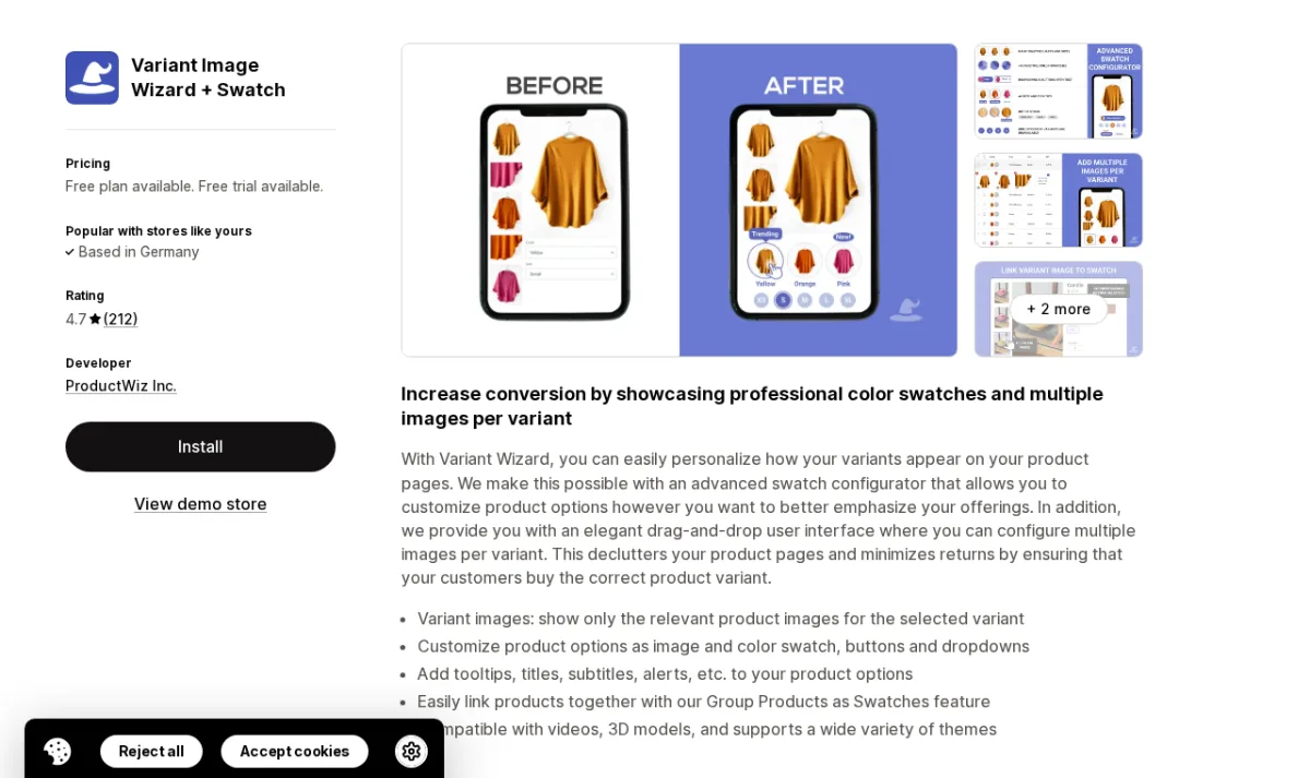 Variant Image Wizard + Swatch Shopify App Store listing