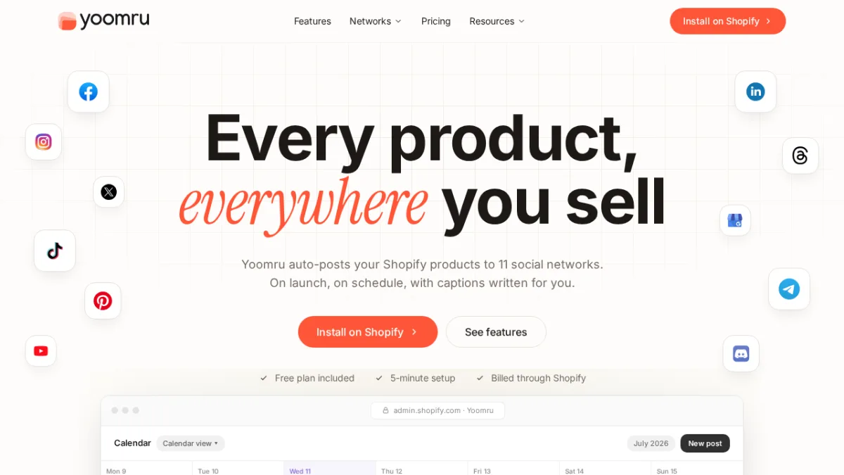 Yoomru-Startseite zeigt eine Shopify-native Social-Media-Auto-Posting-App für Produktpromotion