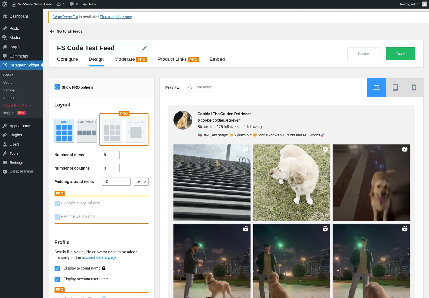 WPZOOM Social Feed Design tab showing the four layout tiles — Grid free plus Masonry, Carousel and Highlight labeled PRO — number of items, columns, padding and the profile-section controls