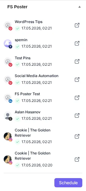 شريط FS Poster الجانبي يعرض مشاركات WordPress تلقائية ناجحة إلى عدة قنوات، بما في ذلك لوحات Pinterest، مع التوقيتات