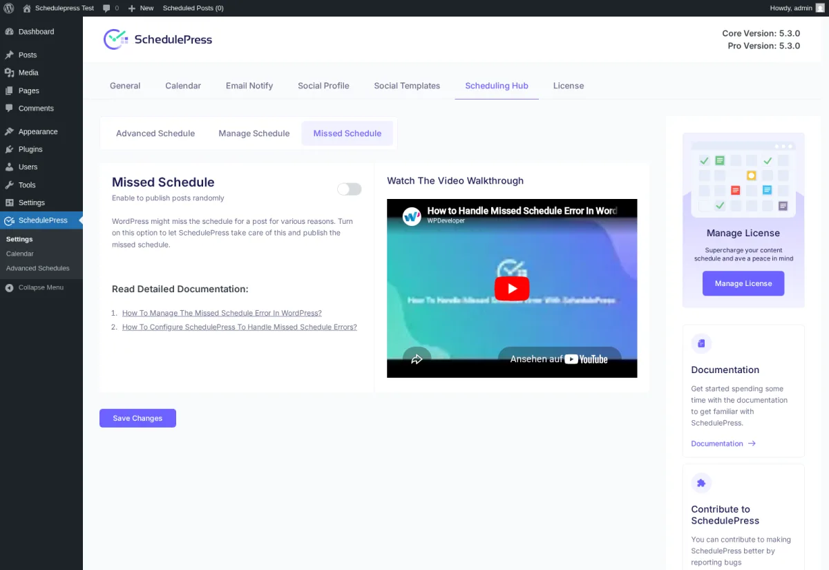 SchedulePress Missed Schedule Handler toggle to recover WordPress missed scheduled posts