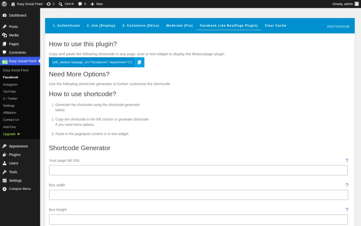 Pestaña Like Box (Page Plugin) de Facebook con el desplegable de más de 75 idiomas de Facebook y el generador de shortcode del Page Plugin, con ancho y alto de la caja, conmutador responsive y opciones de pestañas