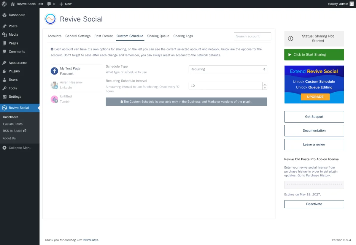 Revive Social Custom Schedule tab locked behind a Business or Marketer plan banner