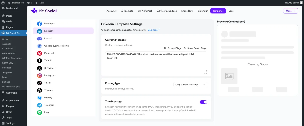 Editor de template de LinkedIn en Bit Social Pro tras recargar la página, con el mensaje personalizado escrito previamente todavía visible