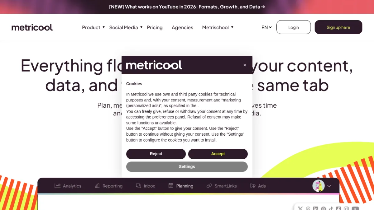 Metricool-Startseite zeigt eine einheitliche Social-Media-Analytics-, Scheduling- und Anzeigenmanagement-Plattform