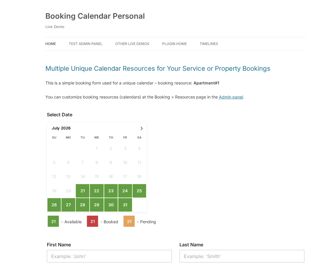Booking Calendar يعرض عرضاً شهرياً للتوفر: تواريخ متاحة باللون الأخضر ومحجوزة باللون الأحمر، ونموذج الحجز أسفله