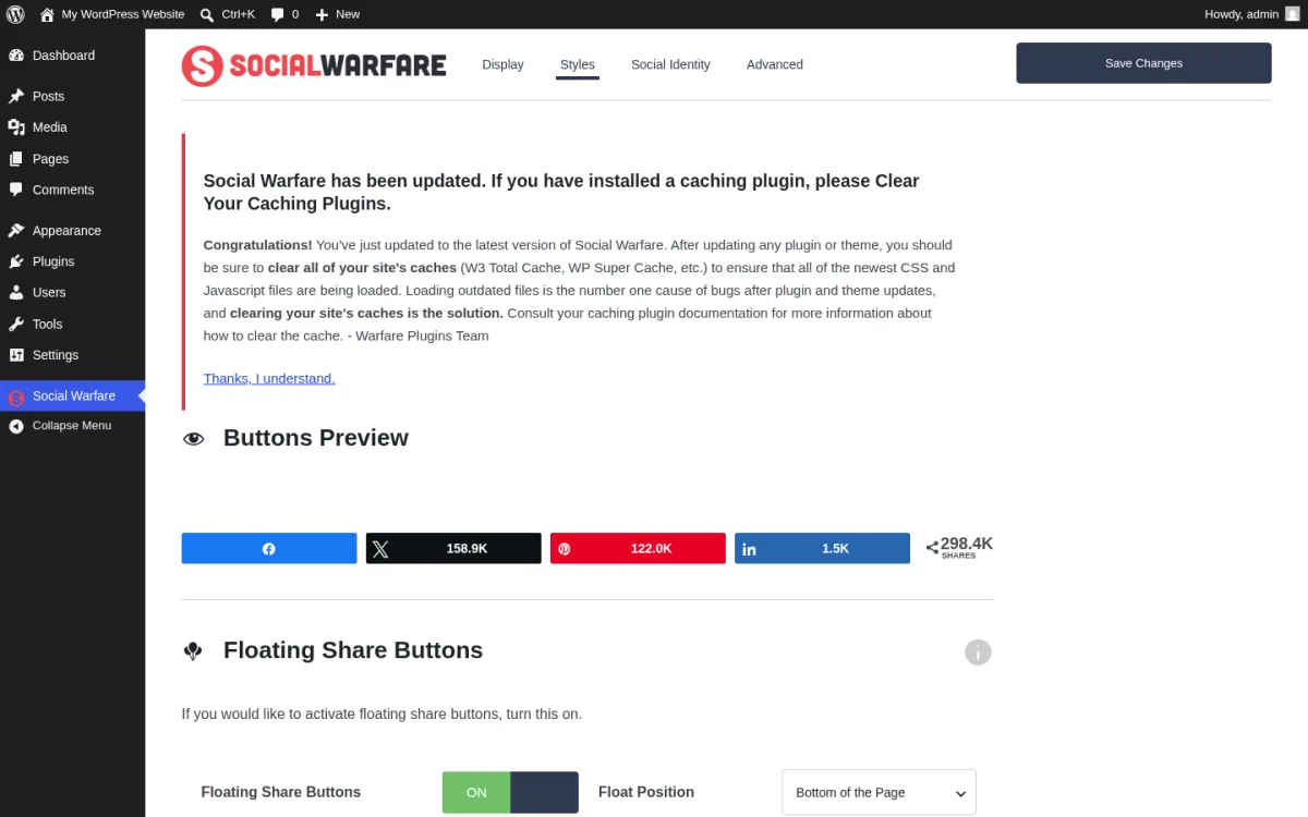 Pestaña Styles de Social Warfare con la sección Floating Share Buttons