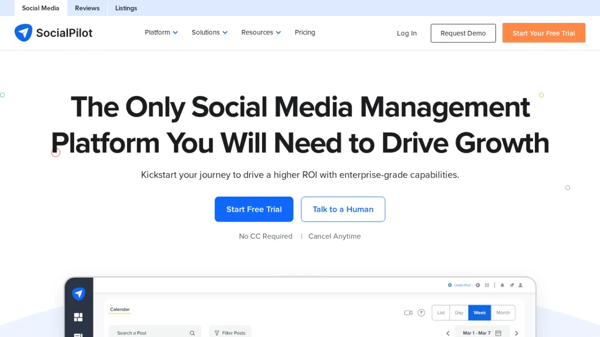 SocialPilot-Startseite zeigt eine Social-Media-Management- und Scheduling-Plattform für Agenturen