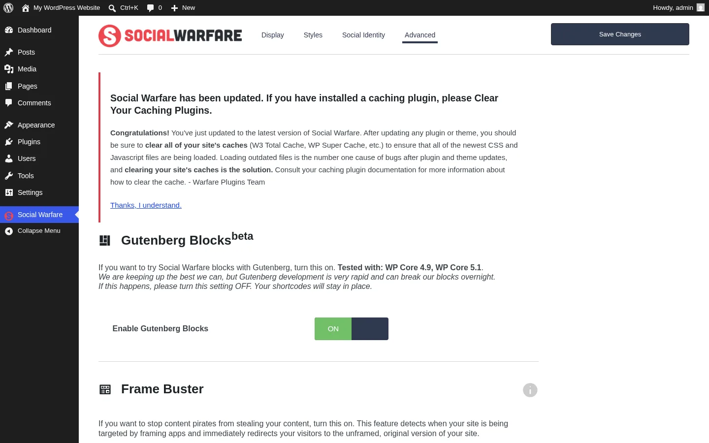 Social Warfare Advanced tab with Gutenberg Blocks, Frame Buster, and Full Content toggles