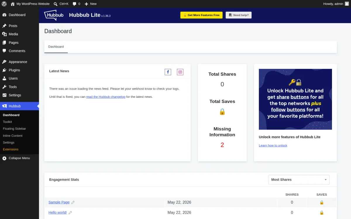 Dashboard de Hubbub Lite con Total Shares, Missing Information y Engagement Stats