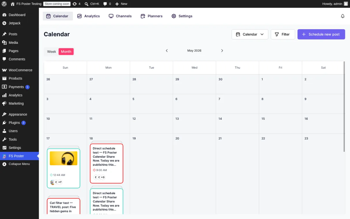 FS Poster Calendar in Month view with stacked event cards on the days that have scheduled or recently shared posts, plus the Filter and Schedule new post controls top-right