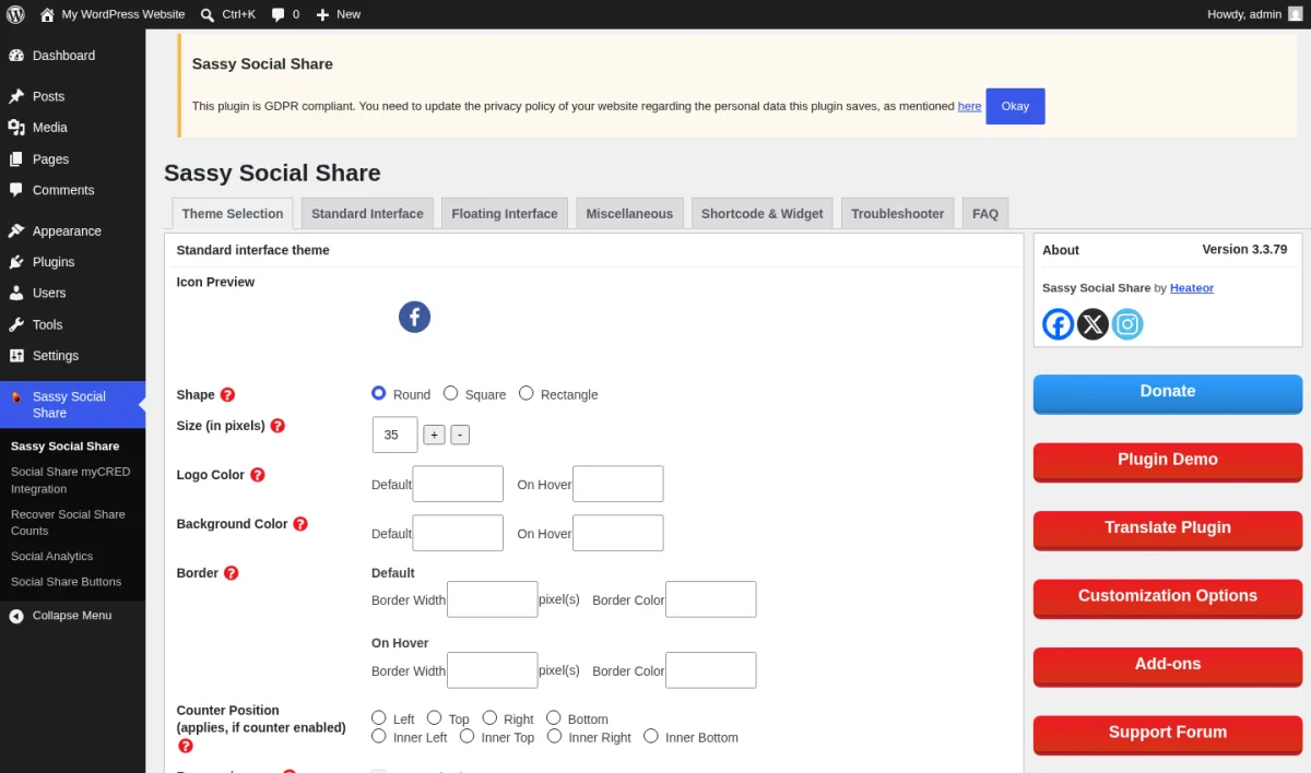 Pestaña Theme Selection de Sassy Social Share