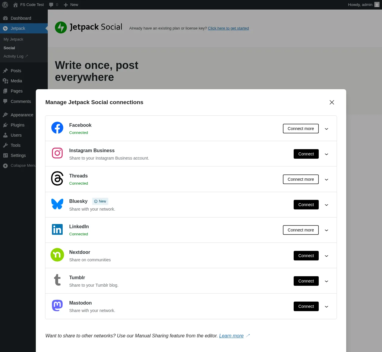 Jetpack Social Connect Account modal showing all eight supported networks: Facebook, Instagram Business, Threads, LinkedIn, Bluesky, Nextdoor, Tumblr, and Mastodon