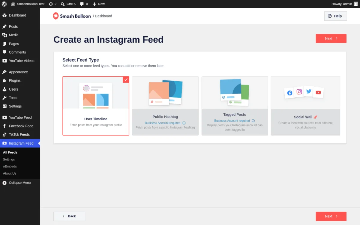 Selector de tipos de feed de Smash Balloon Instagram Feed Pro: User Timeline, Public Hashtag, Tagged Posts, Social Wall