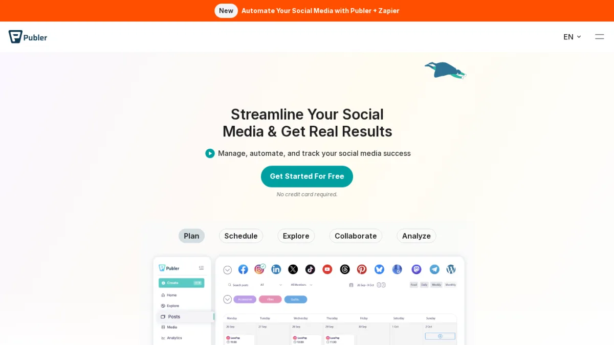 Publer dashboard in English showing the Plan, Schedule, Explore, Collaborate and Analyze tabs above a multi-network calendar with Facebook, Instagram, LinkedIn, X, TikTok, YouTube, Threads, Pinterest, Bluesky, Mastodon, Telegram and WordPress channels