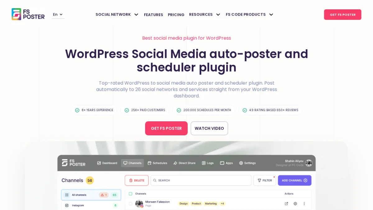 FS Poster-Startseite zeigt ein WordPress-Social-Media-Auto-Posting- und Scheduling-Plugin