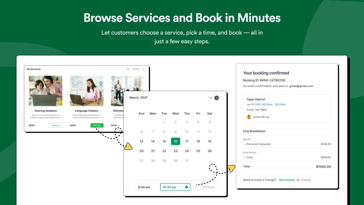 Booktics multi-step booking flow showing service selection, date and time picker, and booking confirmation