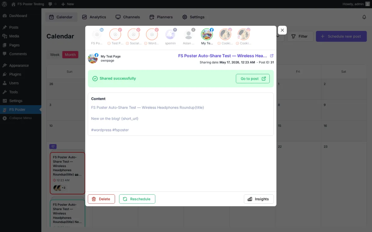 Modal de compartido en vivo de una página de Facebook que muestra cómo FS Poster publicó automáticamente una entrada de WordPress con la plantilla de caption personalizada
