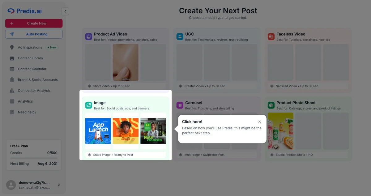 Suite de creacion de Predis.ai mostrando los 6 tipos de medios de IA: Product Ad Video, UGC, Faceless Video y mas (archivo: predisai-30-trial.png)