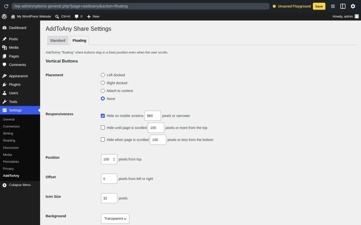 Configuración Floating de AddToAny: botones verticales