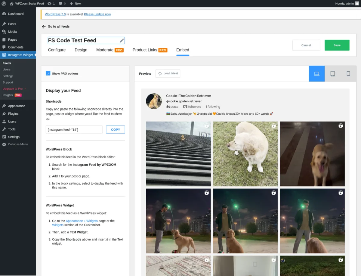 Pestaña Embed de WPZOOM Social Feed que muestra el shortcode autogenerado con botón COPY y las tres rutas de inserción numeradas: Shortcode, WordPress Block y WordPress Widget